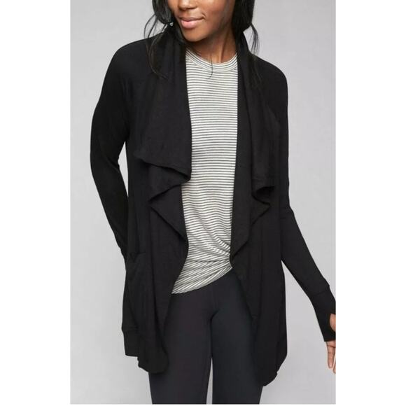 ATHLETA Studio Wrap Open Cardigan Stretch Knit Workout Cover Pockets Black XS - Picture 1 of 9